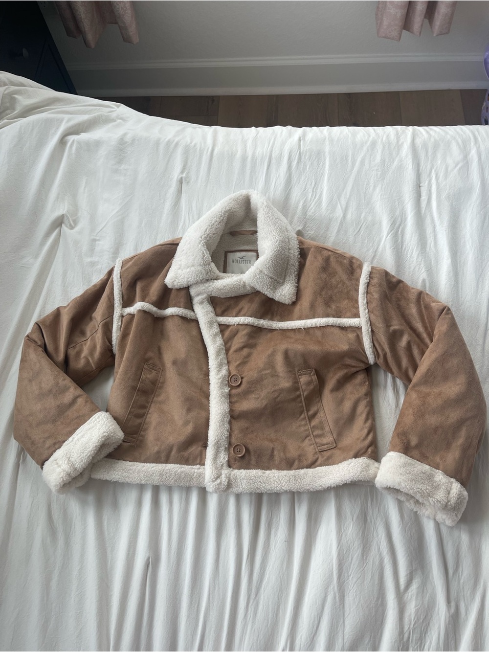 Faux Suede Sherpa Jacket - Tan with Cream Trim